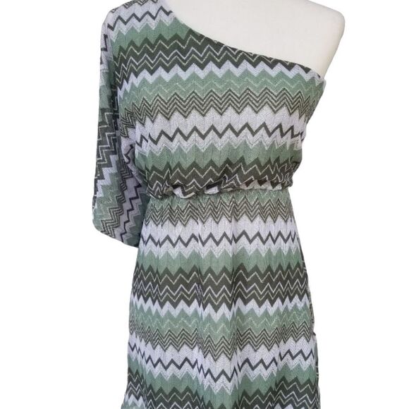 One Shoulder Green Zig Zag Striped Y2K 90s Mini Dress Size XS - Picture 4 of 10